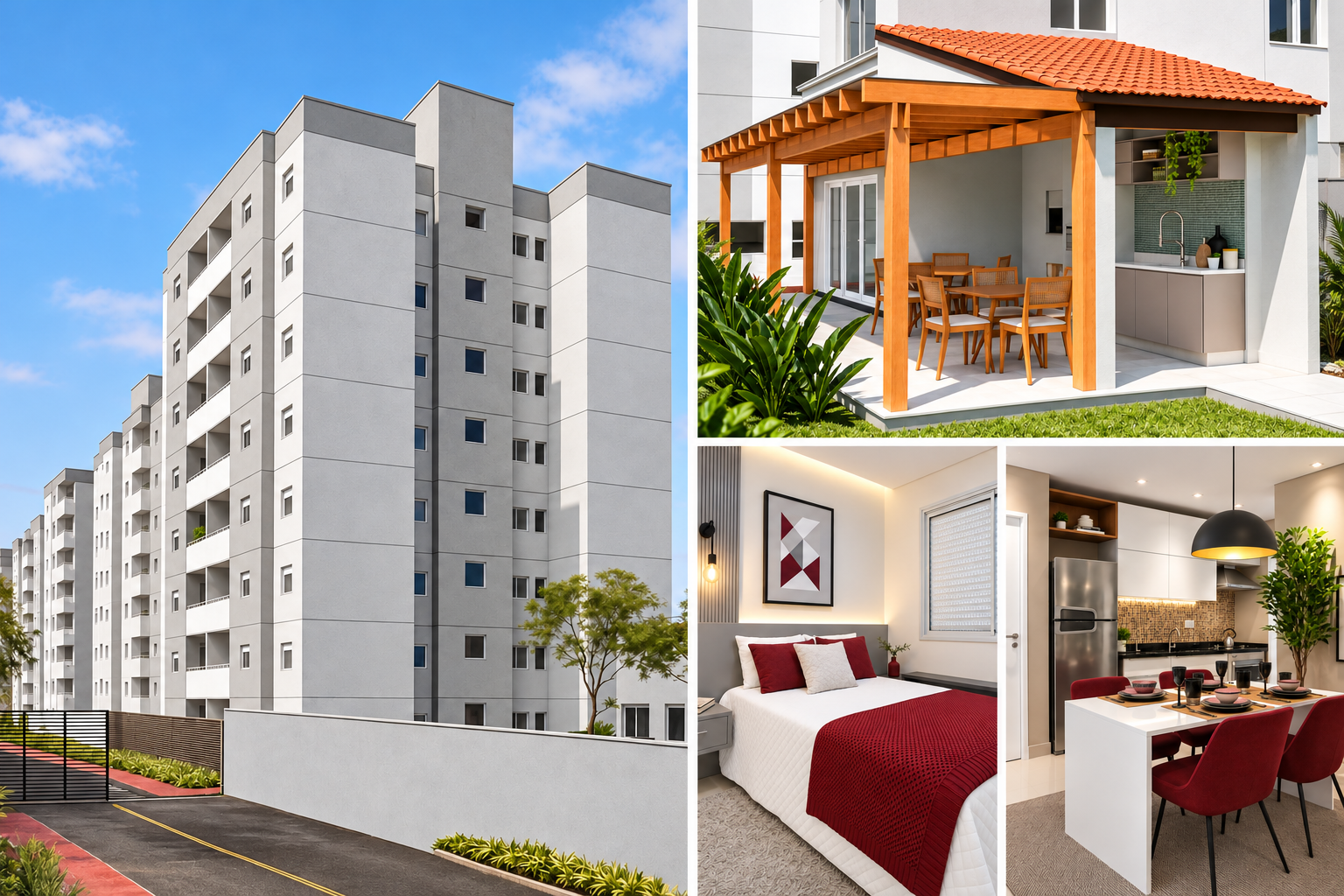 Residencial Caribe: fachada, espaço de convivência, quarto e cozinha