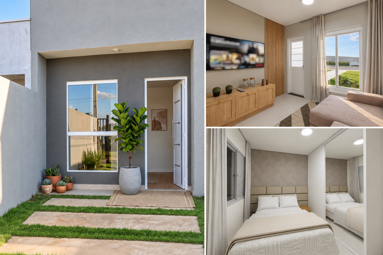 Residencial Parque Vista Bárbara: fachada da casa, sala e quarto