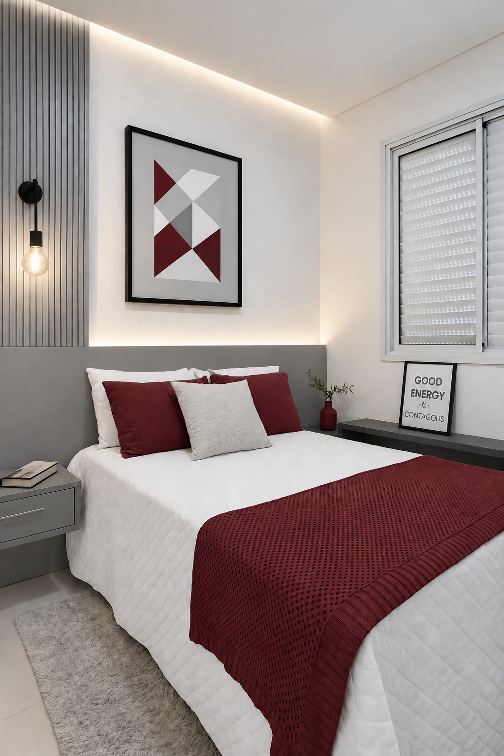Quarto com decoração em cinza e detalhes em vinho.