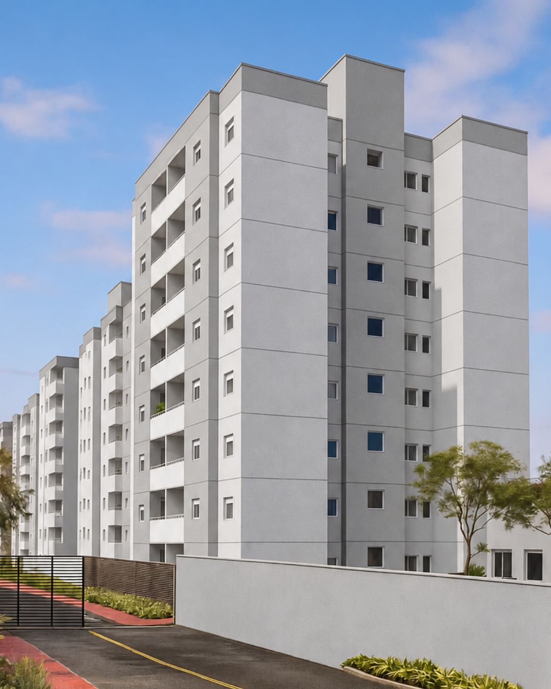 Fachada em cinza claro do Residencial Caribe.
